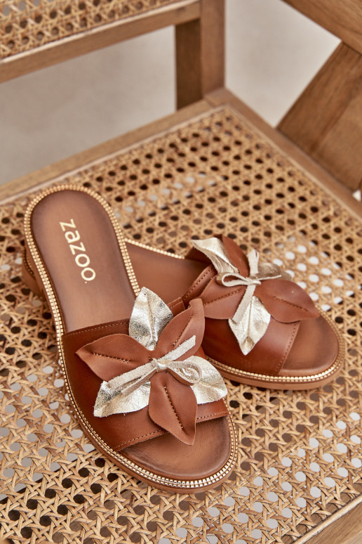 Slides With Decoration Natural Leather Zazoo 3574/Z Camel Slides With Decoration Natural Leather Zazoo 3574/Z Camel