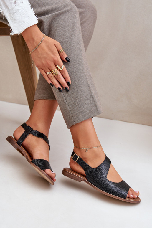 Leather Sandals With Buckle And Embossing Lewski 3041 Black Leather Sandals With Buckle And Embossing Lewski 3041 Black