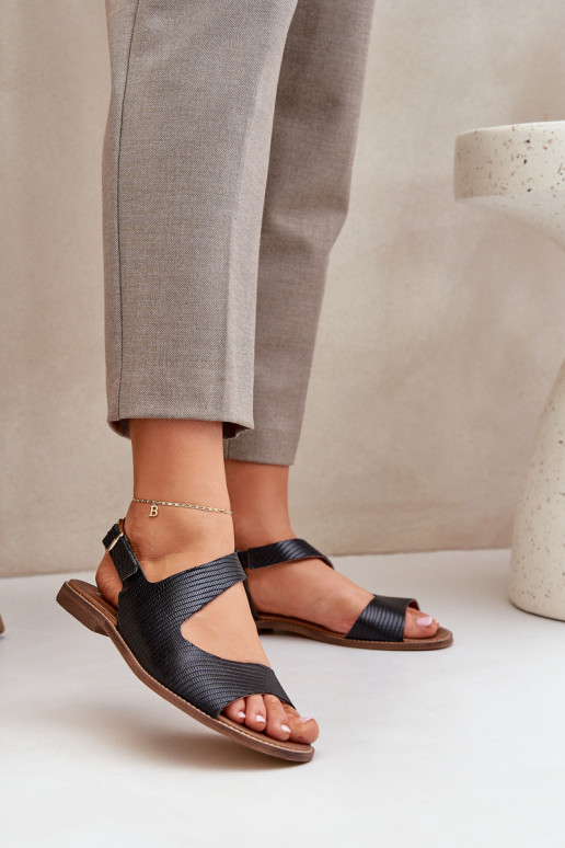 Leather Sandals With Buckle And Embossing Lewski 3041 Black Leather Sandals With Buckle And Embossing Lewski 3041 Black
