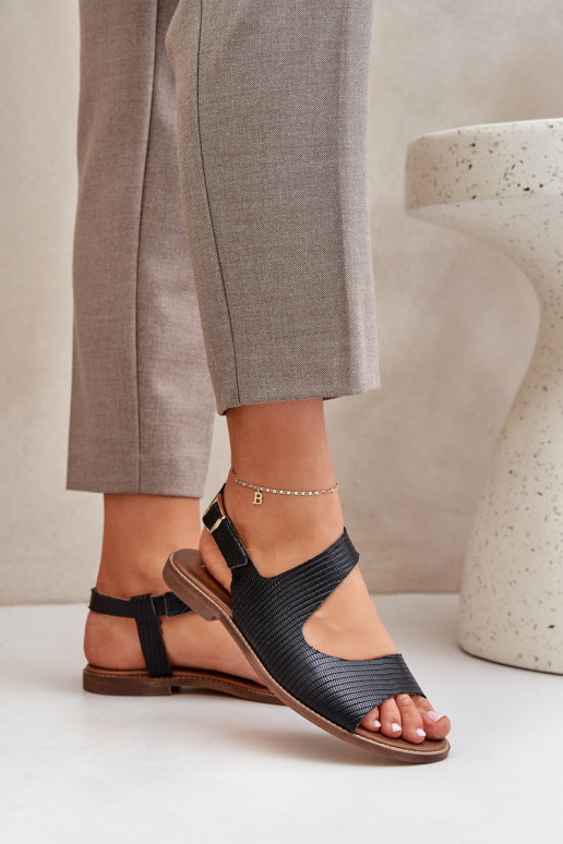 Leather Sandals With Buckle And Embossing Lewski 3041 Black Leather Sandals With Buckle And Embossing Lewski 3041 Black