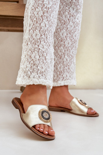 Leather sandals with decoration on a flat heel Zazoo 3047/O gold 2