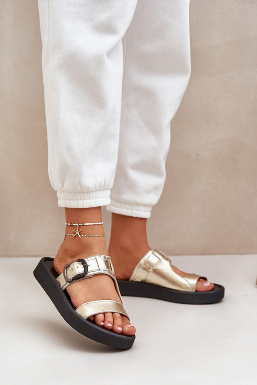 Ladies Leather Platform Slippers Zazoo 3024 Gold Ladies Leather Platform Slippers Zazoo 3024 Gold