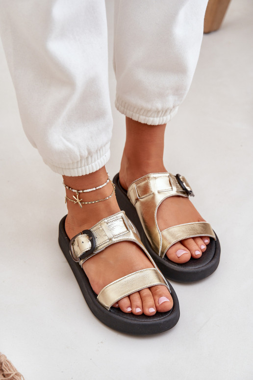 Ladies Leather Platform Slippers Zazoo 3024 Gold Ladies Leather Platform Slippers Zazoo 3024 Gold