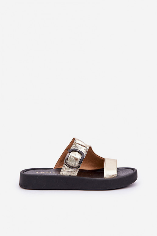 Ladies Leather Platform Slippers Zazoo 3024 Gold Ladies Leather Platform Slippers Zazoo 3024 Gold