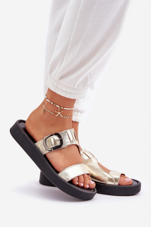 Ladies Leather Platform Slippers Zazoo 3024 Gold Ladies Leather Platform Slippers Zazoo 3024 Gold