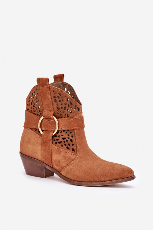 Suede Cowboy Ankle Boots with Perforation on Heel 2994 Camel Suede Cowboy Ankle Boots with Perforation on Heel 2994 Camel