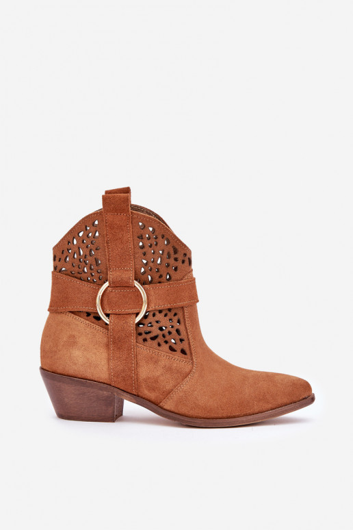 Zamszowe Botki Kowbojki Ażurowe Na Obcasie Zazoo 2994 Camel