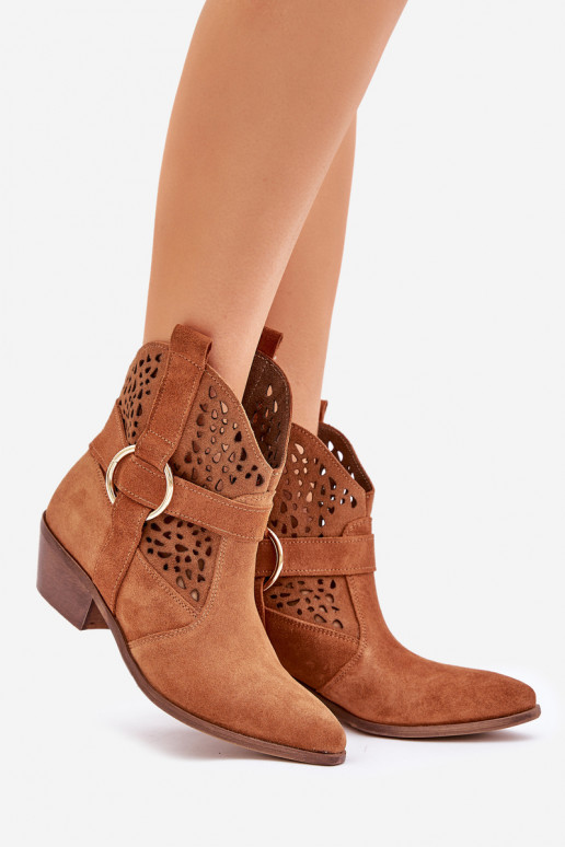Zamszowe Botki Kowbojki Ażurowe Na Obcasie Zazoo 2994 Camel