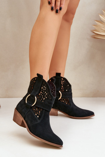 Suede Cowboy Ankle Boots Perforated With Heel Black Zazoo 2994 2