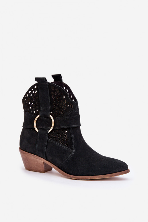 Zamszowe Botki Kowbojki Ażurowe Na Obcasie Zazoo 2994 Czarne