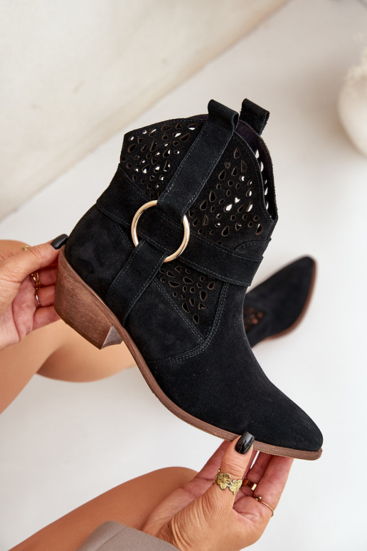 Zamszowe Botki Kowbojki Ażurowe Na Obcasie Zazoo 2994 Czarne