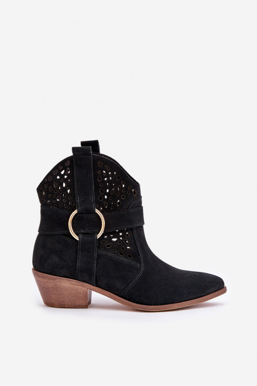 Zamszowe Botki Kowbojki Ażurowe Na Obcasie Zazoo 2994 Czarne