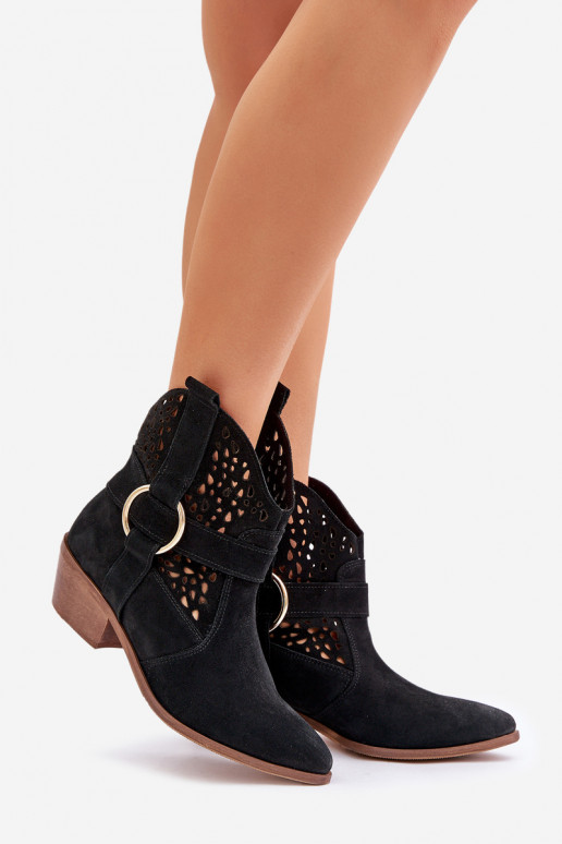 Zamszowe Botki Kowbojki Ażurowe Na Obcasie Zazoo 2994 Czarne