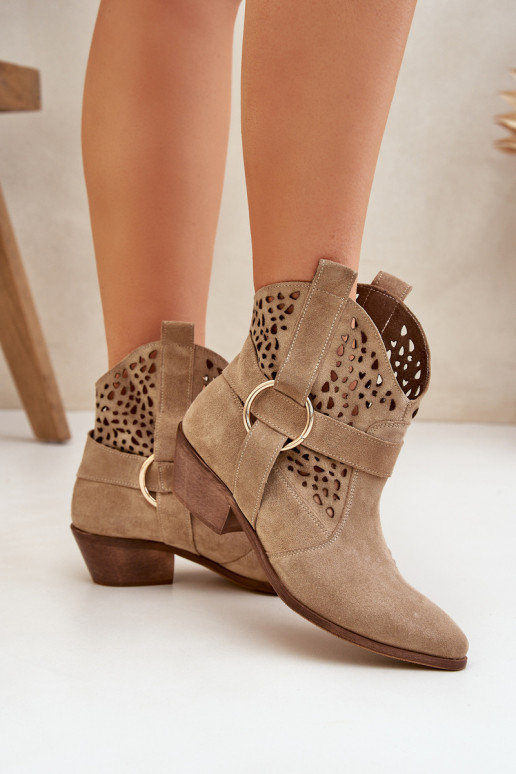 Zamszowe Botki Kowbojki Ażurowe Na Obcasie Zazoo 2994 Beżowe