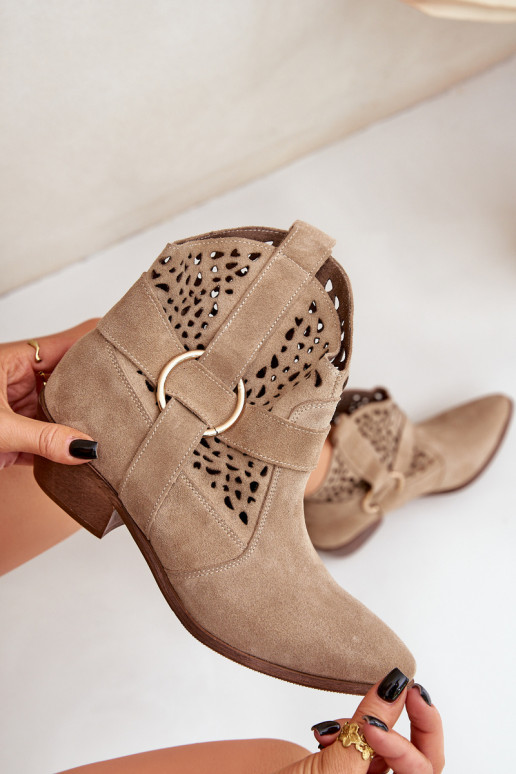 Zamszowe Botki Kowbojki Ażurowe Na Obcasie Zazoo 2994 Beżowe