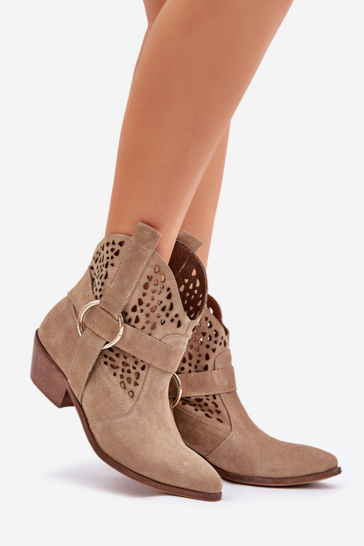 Zamszowe Botki Kowbojki Ażurowe Na Obcasie Zazoo 2994 Beżowe