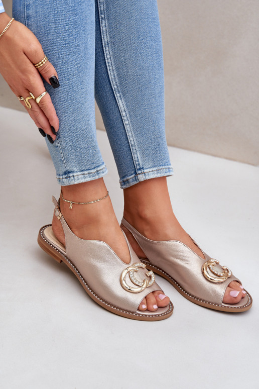Skórzane Sandały Na Płaskim ObcasiewithOzdobą Laura Messi 2865 Złote
