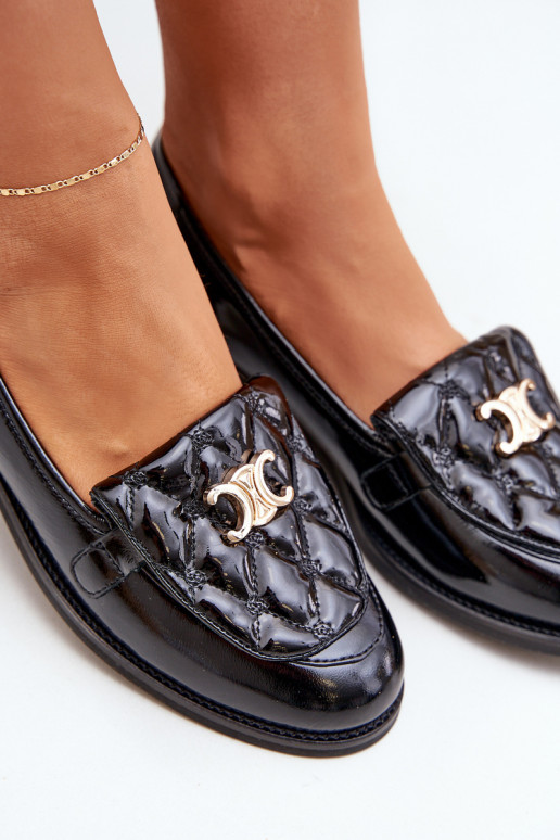 Skórzane Lakierowane Mokasyny Ze Złotą Ozdobą Laura Messi 2927 Czarne