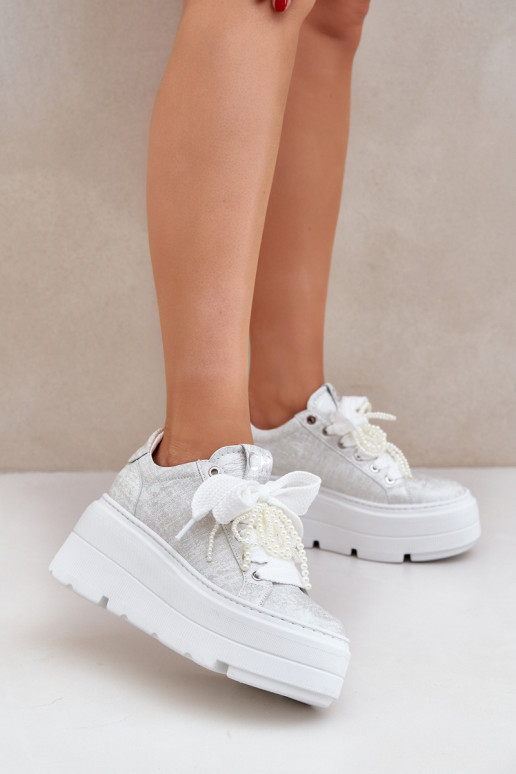 Skórzane Sneakersy Na Platformie CheBello 4658 Srebrne