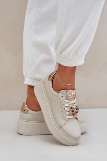 Damskie Skórzane Sneakersy CheBello 4411 Jasnobeżowe