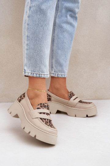 Leather Women Loafers On Platform And Flat Heel Leopard Light Beige Zazoo 20191 2