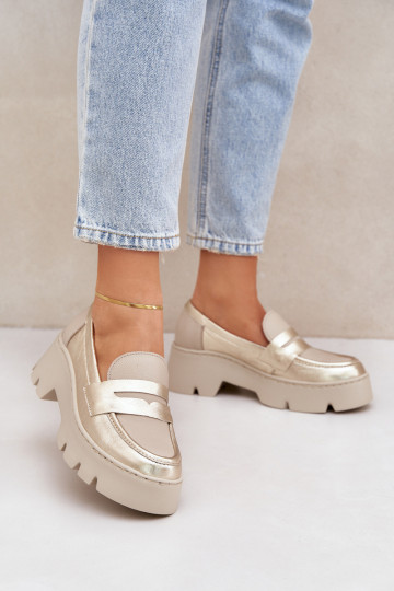 Leather Women's Moccasins On Platform And Flat Heel Leopard Zazoo 20191 Gold 2