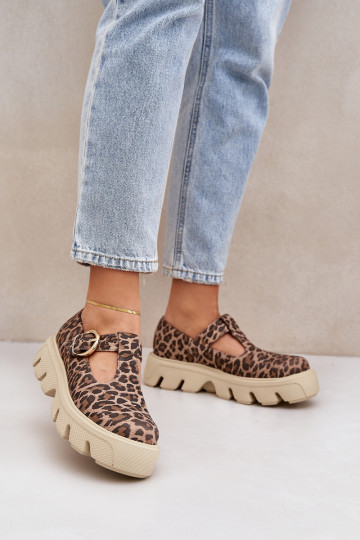 Suede Loafers With Buckle In Leopard Print Zazoo 20183 Brown 2