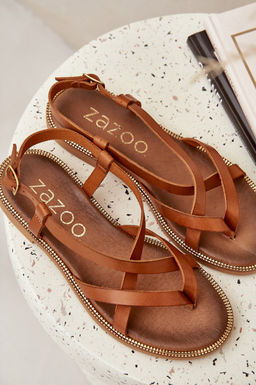 Leather Flat Sandals With Intertwined Straps Zazoo 40429 Brown Leather Flat Sandals With Intertwined Straps Zazoo 40429 Brown