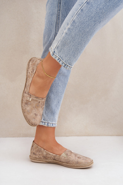 Eleganckie Zamszowe Espadryle W Kwiaty Damskie Zazoo 10177 Beżowe