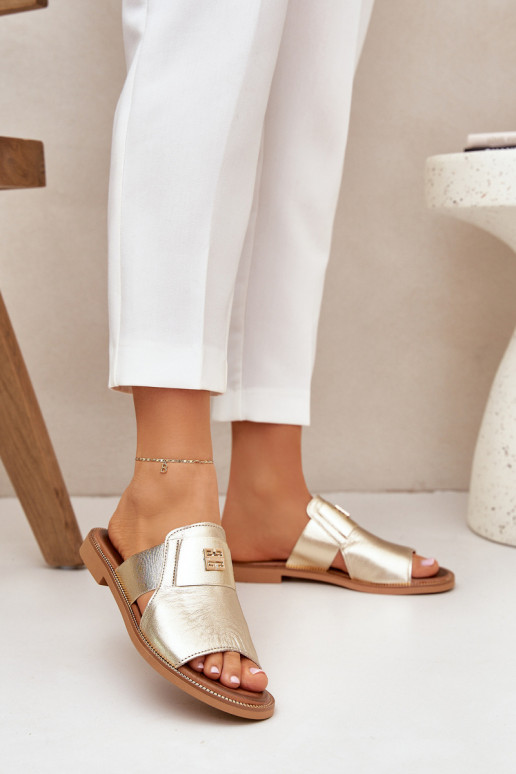 Elegant Leather Slippers On Flat Heel Zazoo 40423 Gold Elegant Leather Slippers On Flat Heel Zazoo 40423 Gold