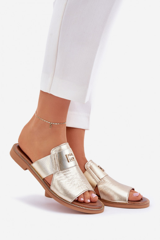 Elegant Leather Slippers On Flat Heel Zazoo 40423 Gold Elegant Leather Slippers On Flat Heel Zazoo 40423 Gold