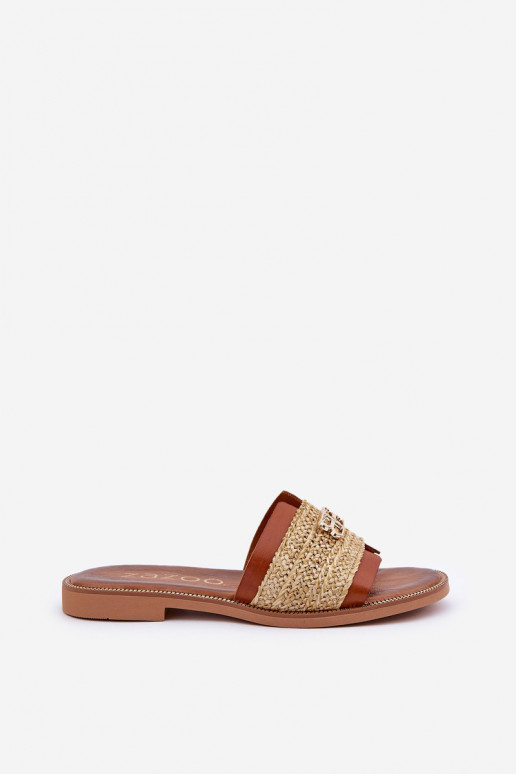 Leather Slippers With Decorative Detail And Braiding Brown Zazoo 40426 Leather Slippers With Decorative Detail And Braiding Brown Zazoo 40426