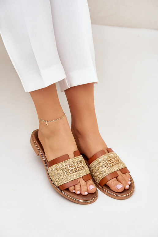 Leather Slippers With Decorative Detail And Braiding Brown Zazoo 40426 Leather Slippers With Decorative Detail And Braiding Brown Zazoo 40426