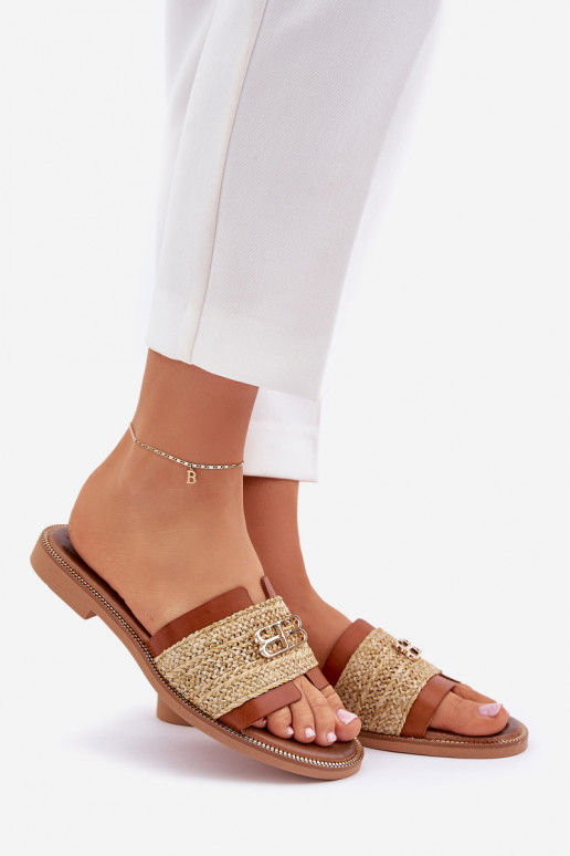 Leather Slippers With Decorative Detail And Braiding Brown Zazoo 40426 Leather Slippers With Decorative Detail And Braiding Brown Zazoo 40426