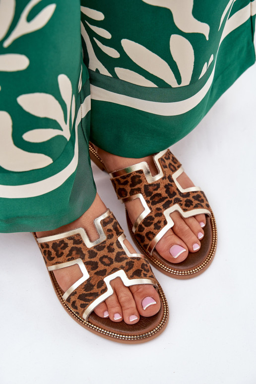 Leather Flat Slippers With Panther Print Zazoo 40383 Brown Leather Flat Slippers With Panther Print Zazoo 40383 Brown