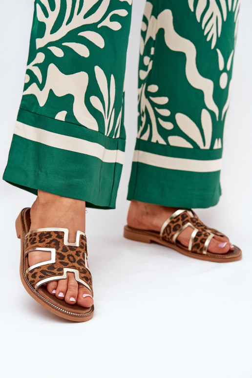 Leather Flat Slippers With Panther Print Zazoo 40383 Brown Leather Flat Slippers With Panther Print Zazoo 40383 Brown