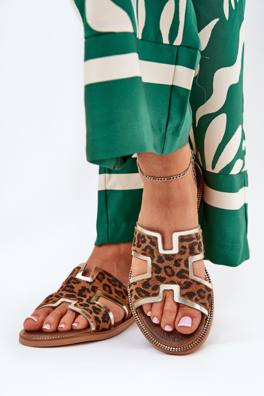 Leather Flat Slippers With Panther Print Zazoo 40383 Brown Leather Flat Slippers With Panther Print Zazoo 40383 Brown