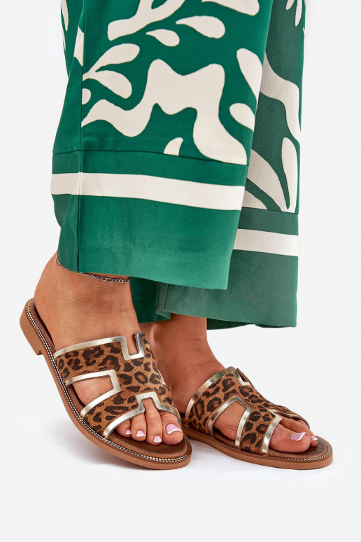 Leather Flat Slippers With Panther Print Zazoo 40383 Brown Leather Flat Slippers With Panther Print Zazoo 40383 Brown