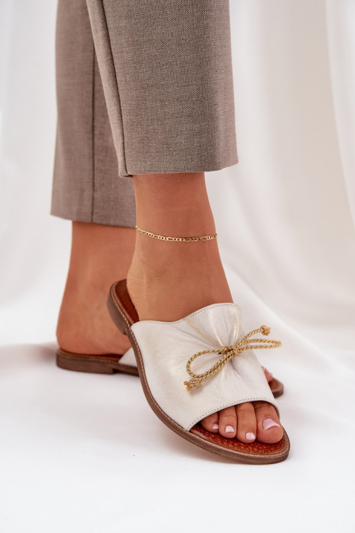 Leather Flat Elegant Slippers With Bow Lewski 3572 Worn Gold Leather Flat Elegant Slippers With Bow Lewski 3572 Worn Gold