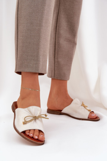 Leather Flat Elegant Slippers With Bow Lewski 3572 Worn Gold 2