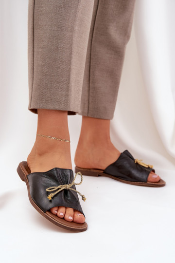 Leather Flat Elegant Slippers With Bow Lewski 3572 Black 2