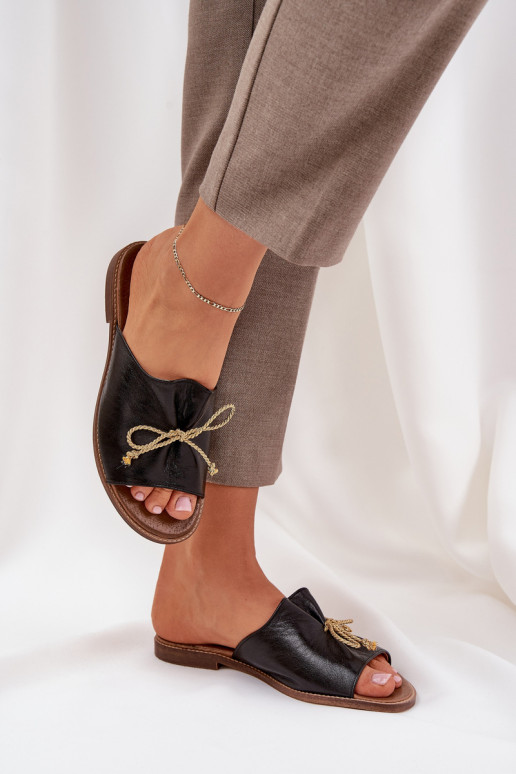 Leather Flat Elegant Slippers With Bow Lewski 3572 Black Leather Flat Elegant Slippers With Bow Lewski 3572 Black