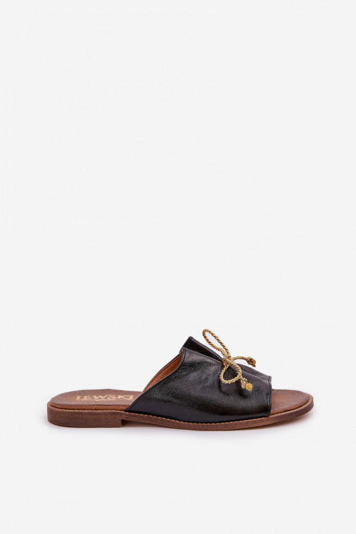 Leather Flat Elegant Slippers With Bow Lewski 3572 Black Leather Flat Elegant Slippers With Bow Lewski 3572 Black