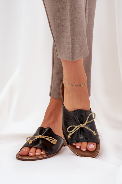 Leather Flat Elegant Slippers With Bow Lewski 3572 Black Leather Flat Elegant Slippers With Bow Lewski 3572 Black