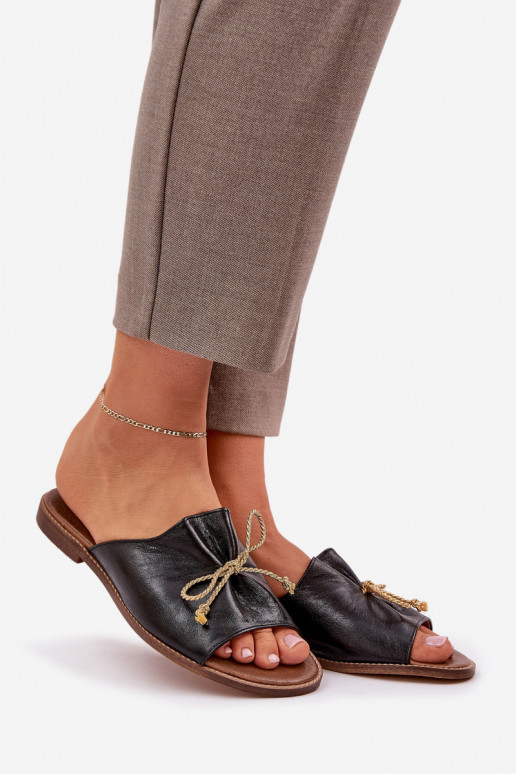 Leather Flat Elegant Slippers With Bow Lewski 3572 Black Leather Flat Elegant Slippers With Bow Lewski 3572 Black