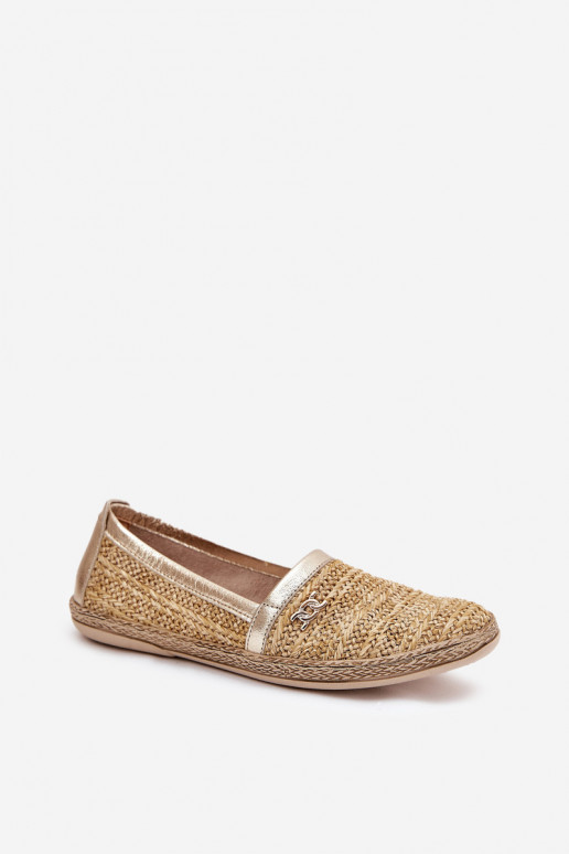 Elegant Leather Espadrilles With Weaving Beige-Golden Zazoo 10178