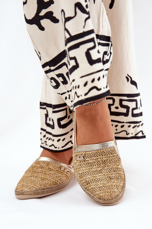 Elegant Leather Espadrilles With Weaving Beige-Golden Zazoo 10178