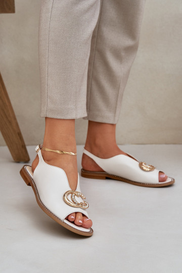 Leather Sandals On A Flat Heel With Decoration Light Beige Laura Messi 2865 2