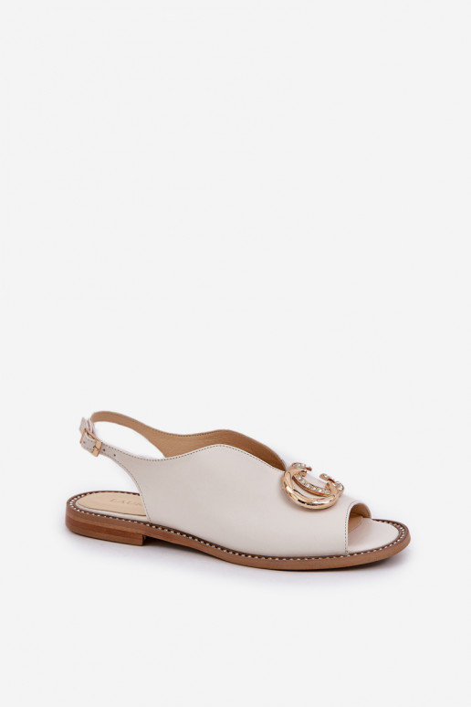Leather Sandals On A Flat Heel With Decoration Light Beige Laura Messi 2865 Leather Sandals On A Flat Heel With Decoration Light Beige Laura Messi 2865
