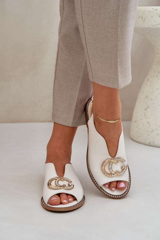 Skórzane Sandały Na Płaskim ObcasiewithOzdobą Laura Messi 2865 Jasnobeżowe